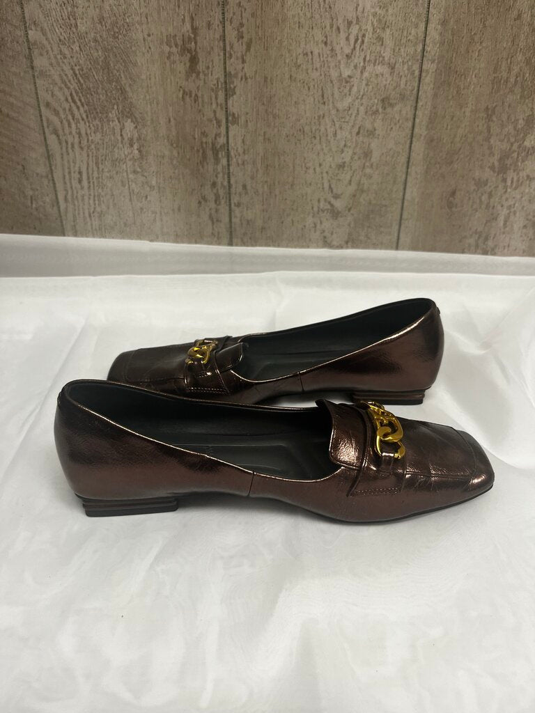 Franco Sarto Metallic Brown Leather Loafers w/ Gold Chain Accent Size 7.5
