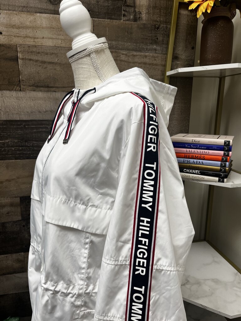 Tommy Hilfiger White Logo Windbreaker Hooded Coat Size XL