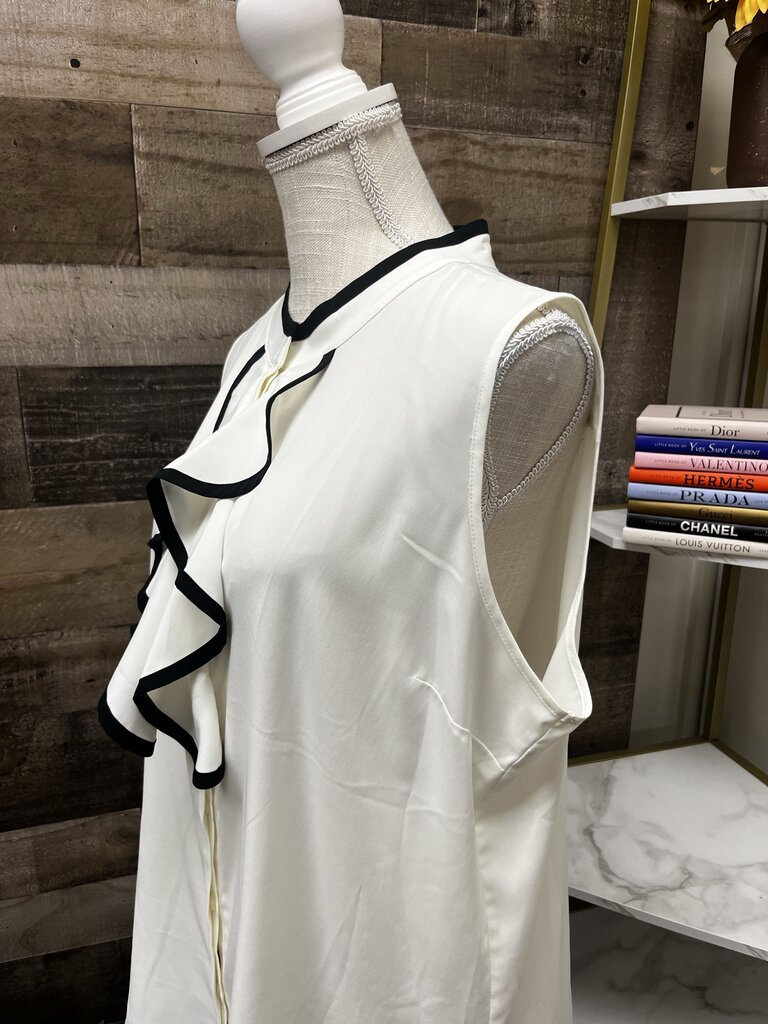 Calvin Klein White/Black Sleeveless Piped-Ruffle Blouse Size XL