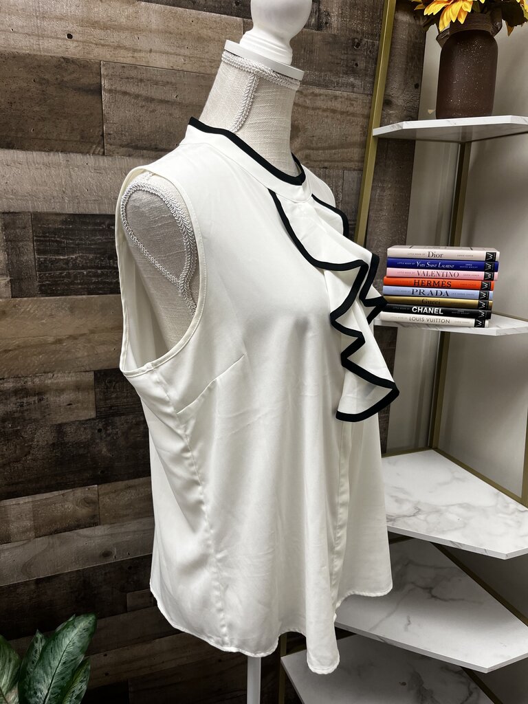 Calvin Klein White/Black Sleeveless Piped-Ruffle Blouse Size XL