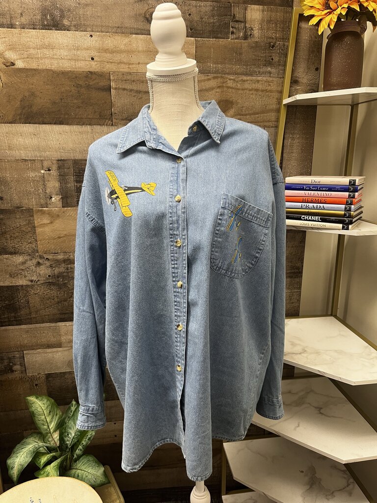 Vintage Faded Gear Chambray Button Down w/Plane Cartoons Size XXL