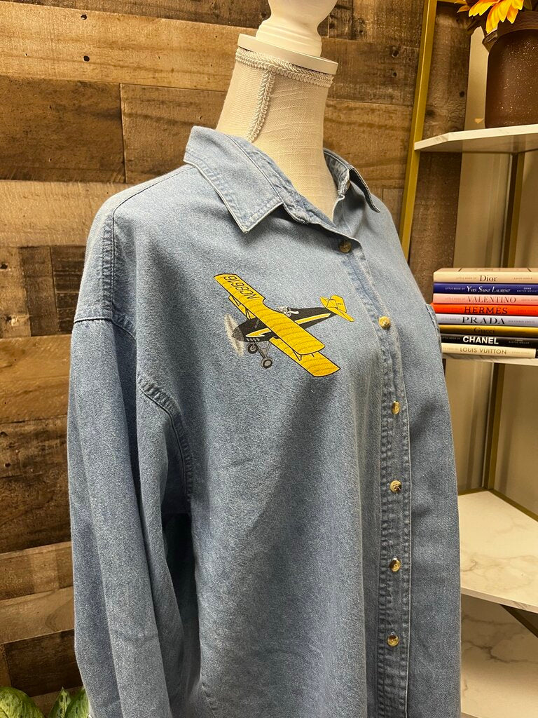 Vintage Faded Gear Chambray Button Down w/Plane Cartoons Size XXL