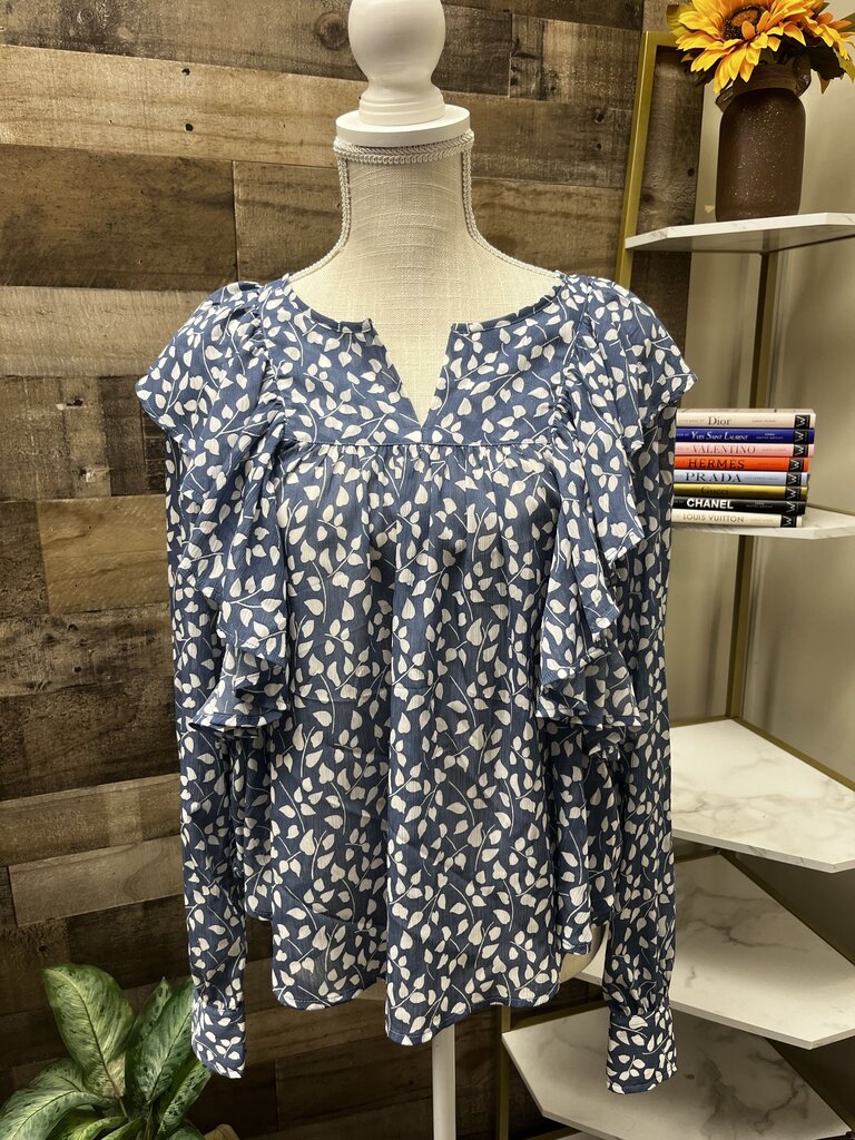 GAP Blue Floral Print Cascade Ruffle Blouse Size L