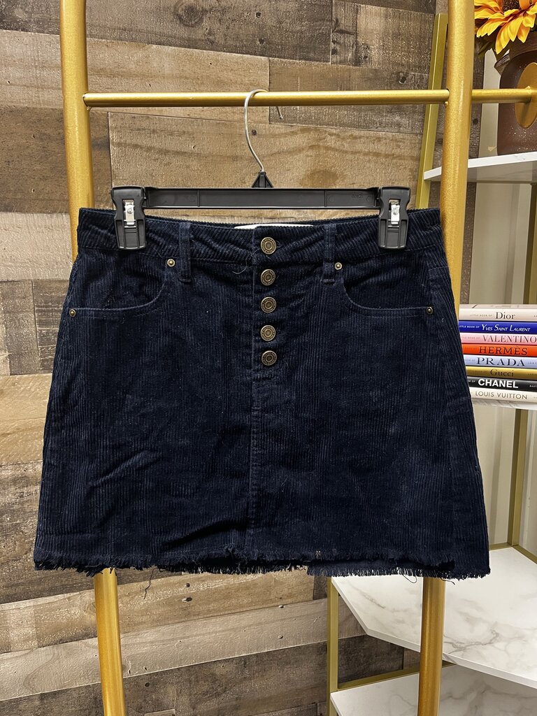 Indigo Rein Dark Blue Corduroy Mini Skirt Button Fly Frayed Hem Size 3