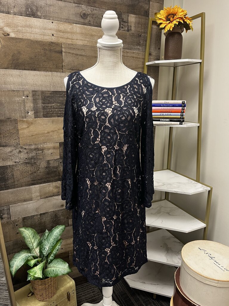 Adrianna Papell Evening Navy Lace Sheath Formal Long Sleeve Mini Dress Size 8