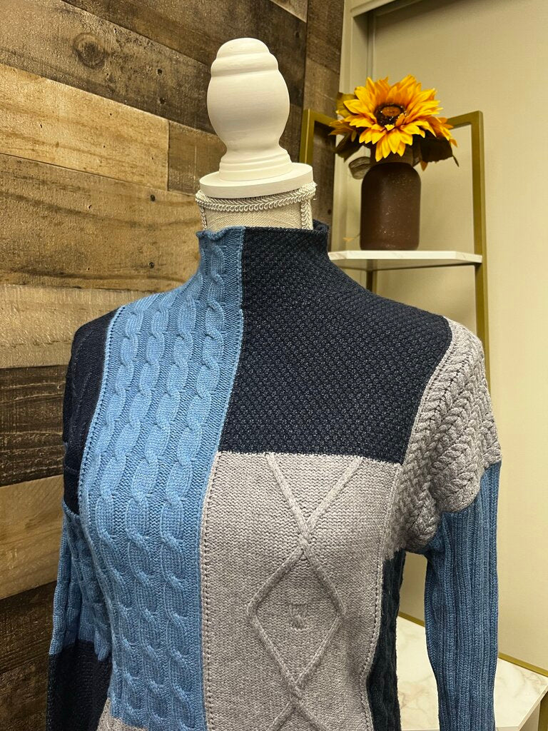 Anthro Blue Patchwork Mock Neck Sweater Size XS