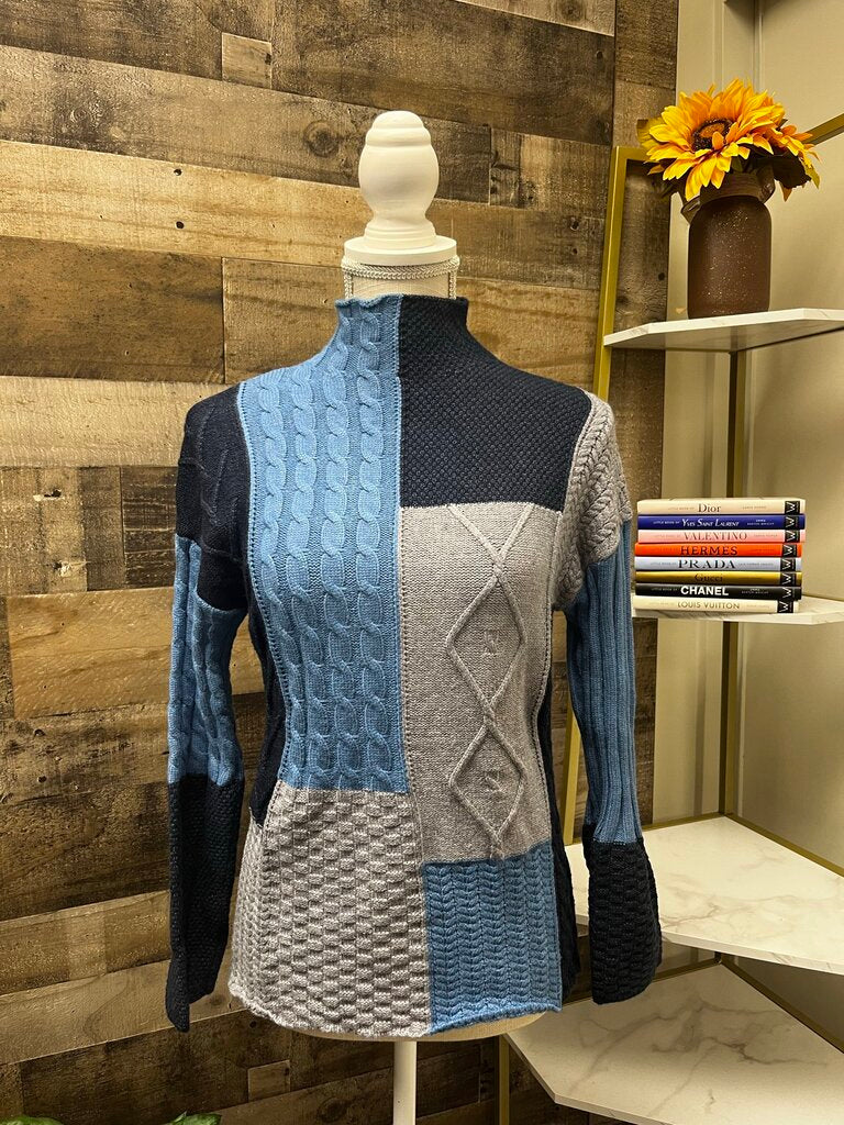 Anthro Blue Patchwork Mock Neck Sweater Size XS