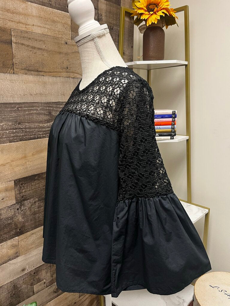 Who What Wear Crochet Black Lace Blouse with Bell Sleeves Size L