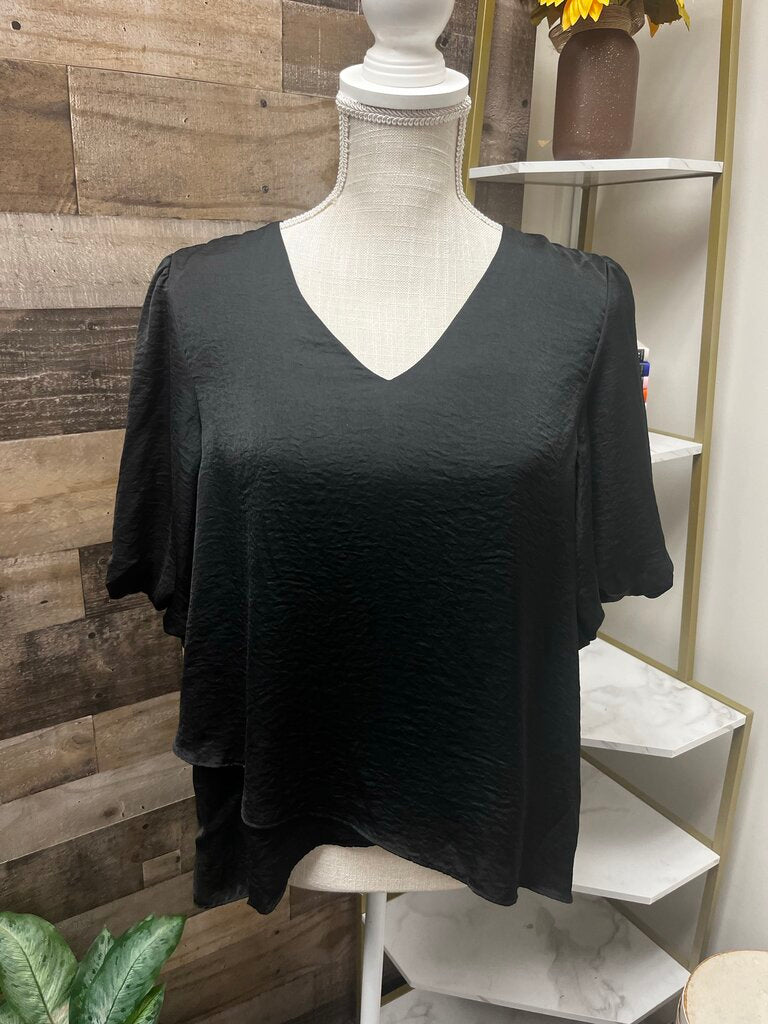 Entro Black Puff Sleeve Layered Hem Blouse Size M