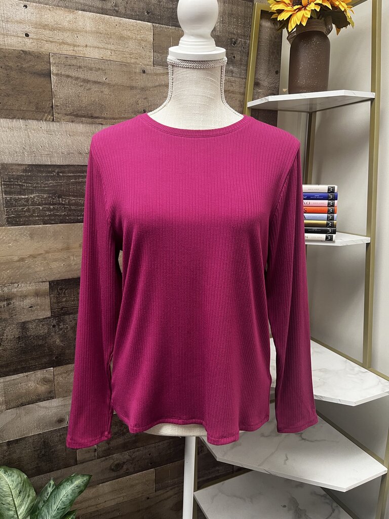 Splendid Raspberry Pink Ribbed Fitted Long Sleeve Tee Size L