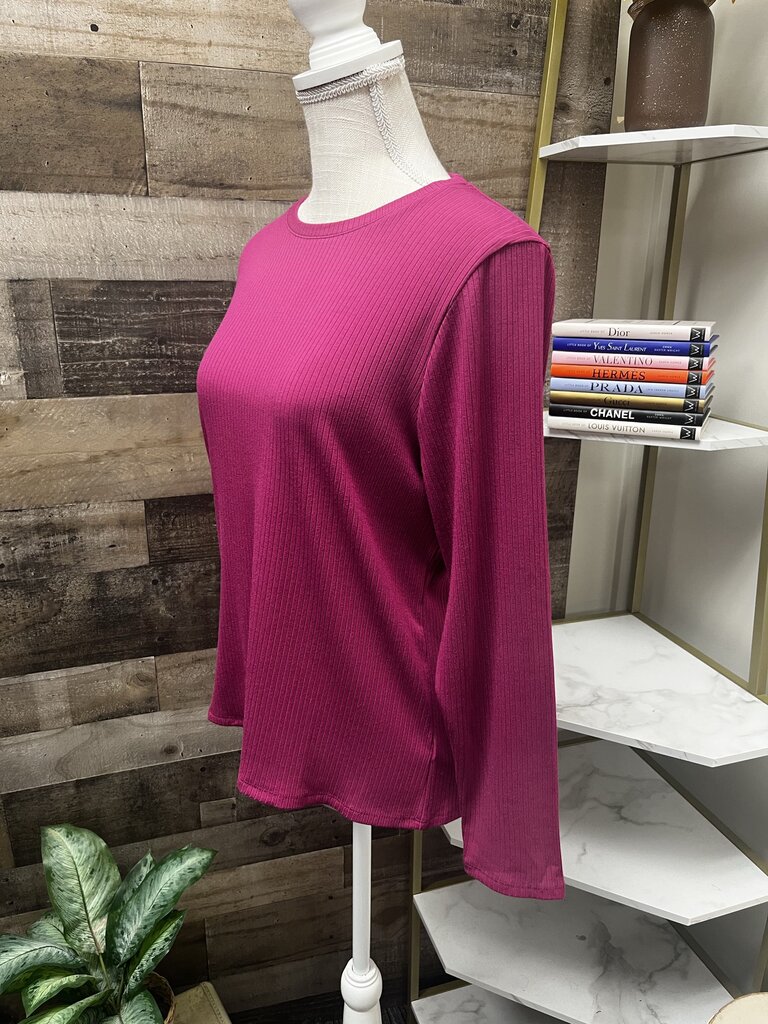 Splendid Raspberry Pink Ribbed Fitted Long Sleeve Tee Size L
