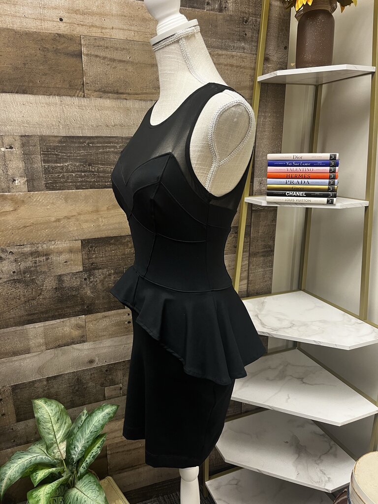 Bebe Black Peplum Sheer Neck Mini Dress Size S