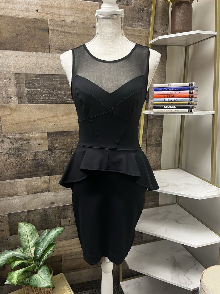 Bebe Black Peplum Sheer Neck Mini Dress Size S