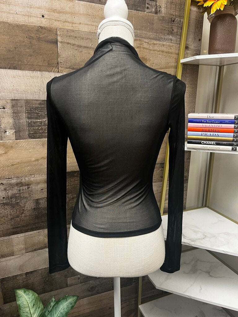 Black Sheer Long Sleeve Top w/ Black Metallic Embellishments Size XS