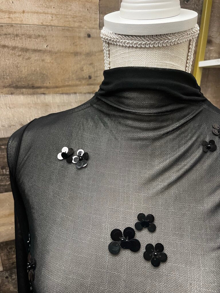 Black Sheer Long Sleeve Top w/ Black Metallic Embellishments Size XS