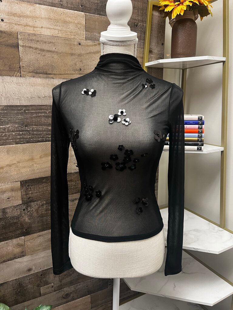 Black Sheer Long Sleeve Top w/ Black Metallic Embellishments Size XS
