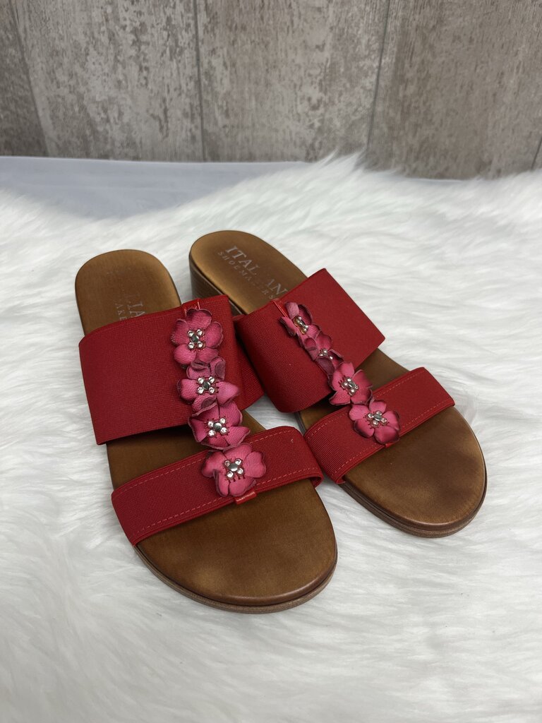 Italian Shoemakers Red Elastic Slip-On T-Strap Pink Floral Rhinestone Sandals Size 9