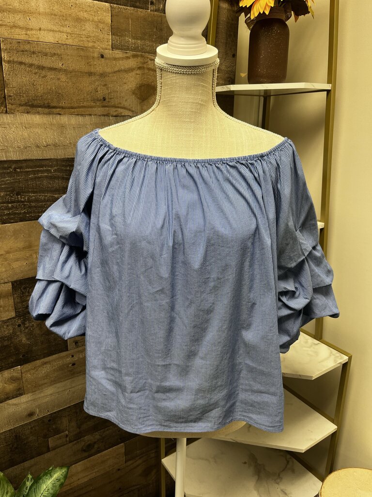 Zara Woman Blue Striped Puff Sleeves Off Shoulder Top Size M