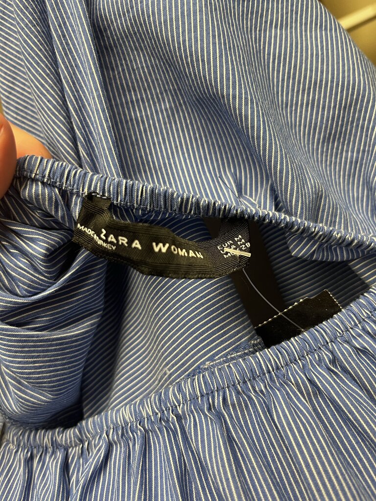 Zara Woman Blue Striped Puff Sleeves Off Shoulder Top Size M