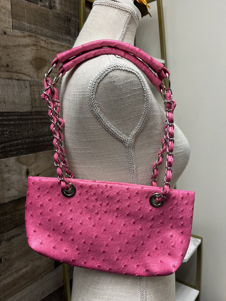 Pink Ostrich Material Small Purse w/Chain Straps