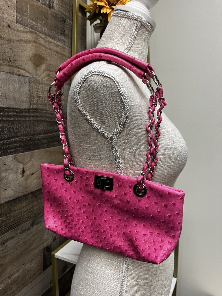 Pink Ostrich Material Small Purse w/Chain Straps