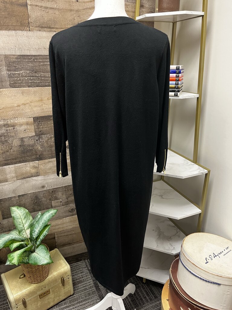 Calvin Klein Lace-Up V-Neck Zipper Sleeve Dress Black Gold Detailing Size XL