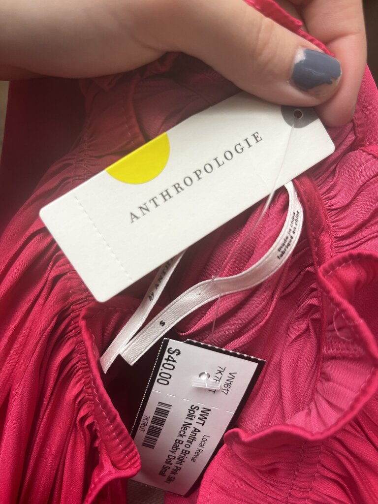 NWT Anthro Bright Pink Silky Split Neck Baby Doll