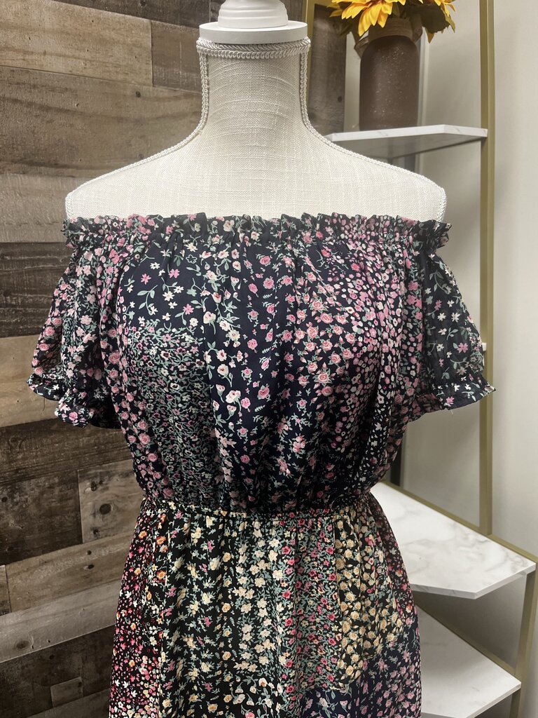 NWT Lulus Black with Floral Print Off the Shoulder Midi