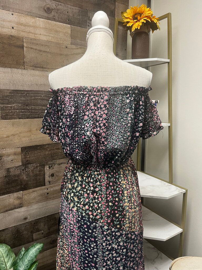 NWT Lulus Black with Floral Print Off the Shoulder Midi