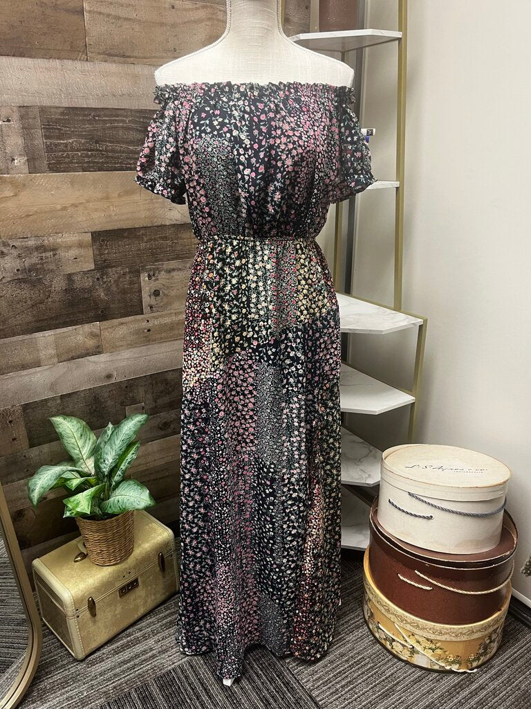 NWT Lulus Black with Floral Print Off the Shoulder Midi