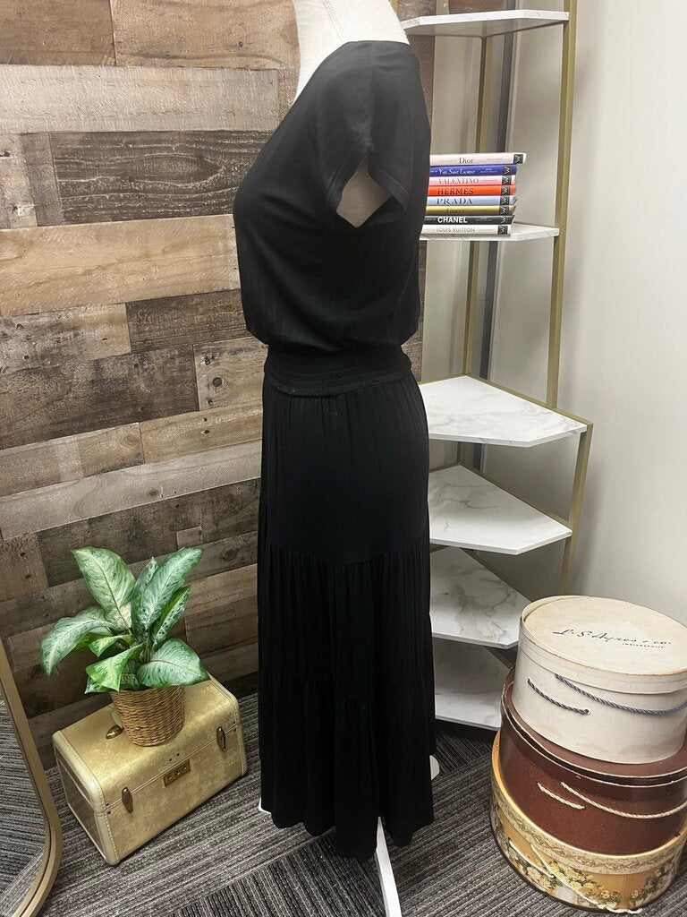 Anthro Bordeaux Black Short Sleeve Tiered Maxi