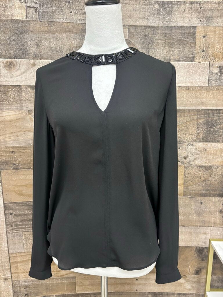 BCBG Maxazria Black Sequin-Neck Long Sleeve Top