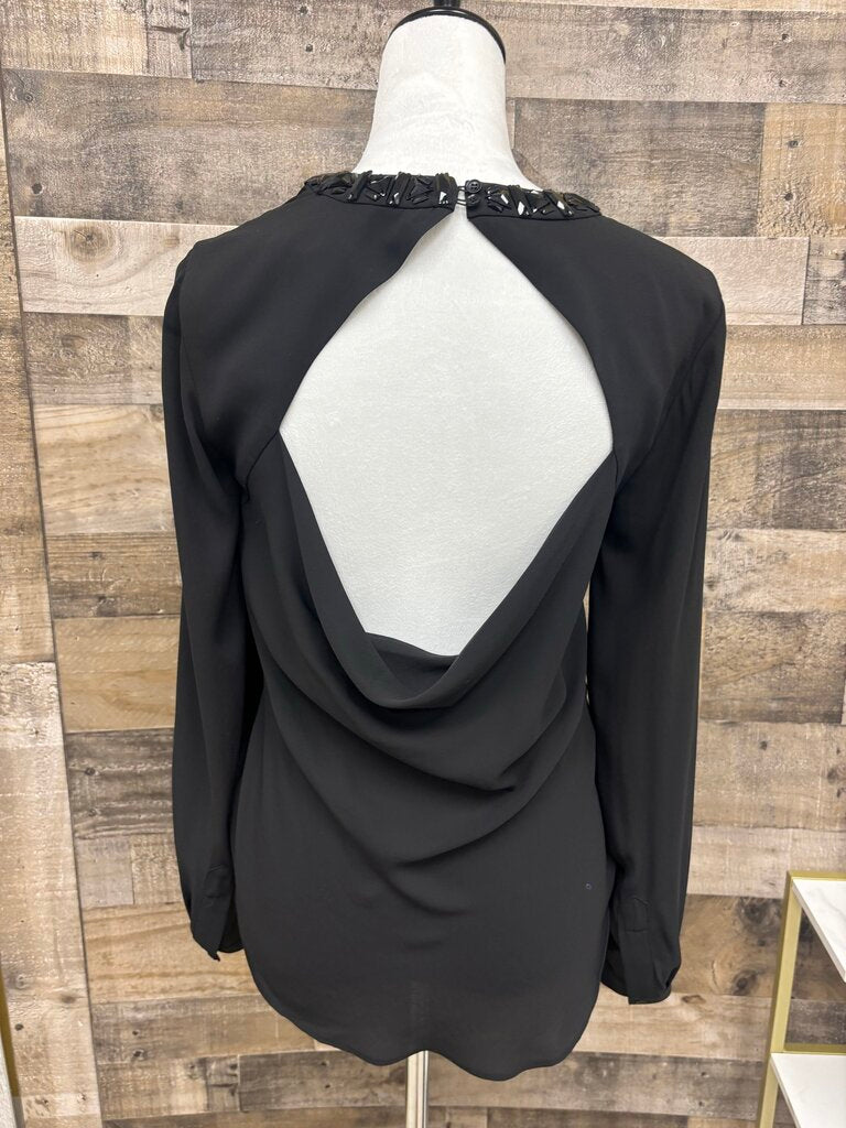 BCBG Maxazria Black Sequin-Neck Long Sleeve Top