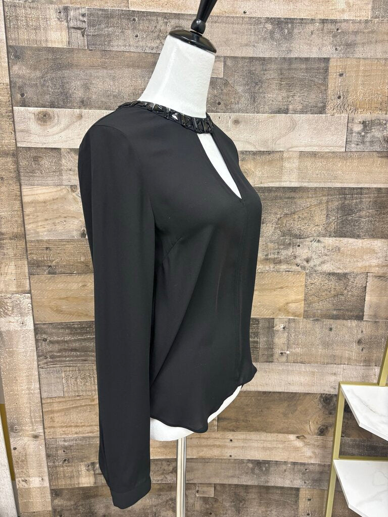 BCBG Maxazria Black Sequin-Neck Long Sleeve Top