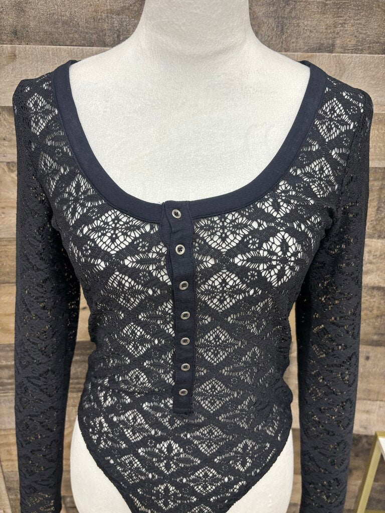 Anthropologie Pilcro Black Buttondown Lace Bodysuit