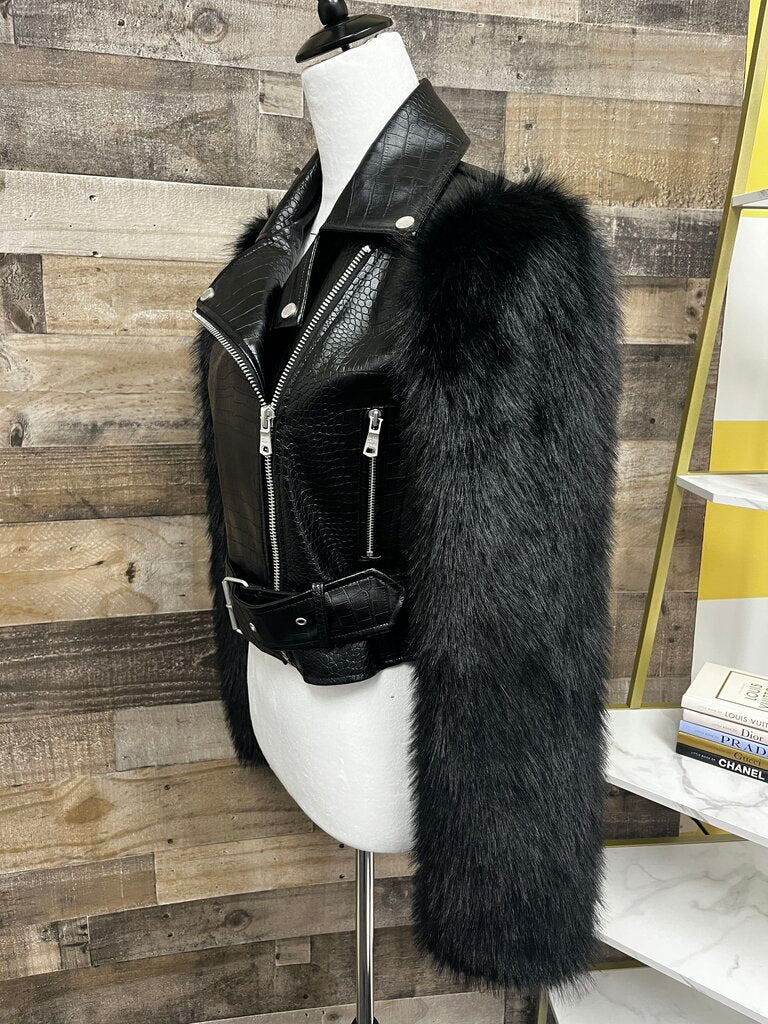 Avec Les Filles Textured Faux Leather Faux Fur Mix Biker Jacket