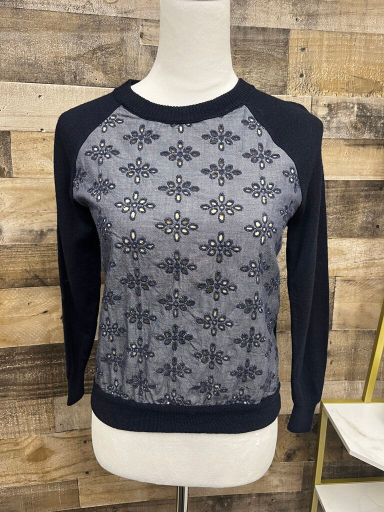 J Crew Embroidered Eyelet Navy Blue Sweater