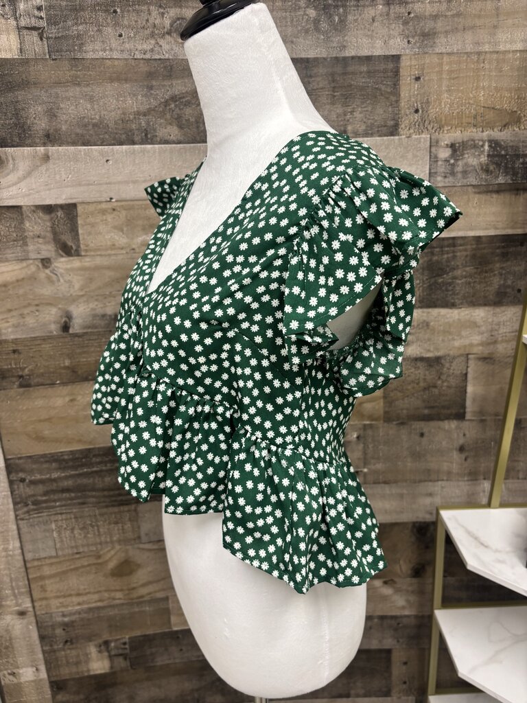 Green Floral V Neck Ruffle Hem Blouse