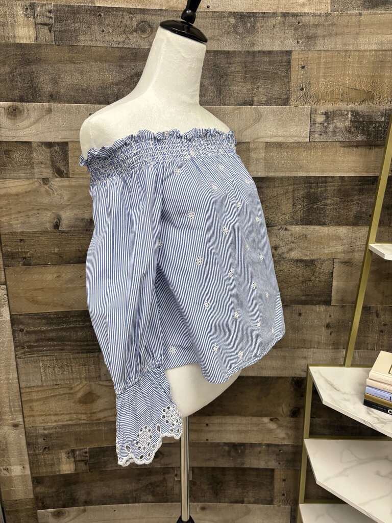 BP Womens Blue White Striped Eyelet Off Shoulder Blouse