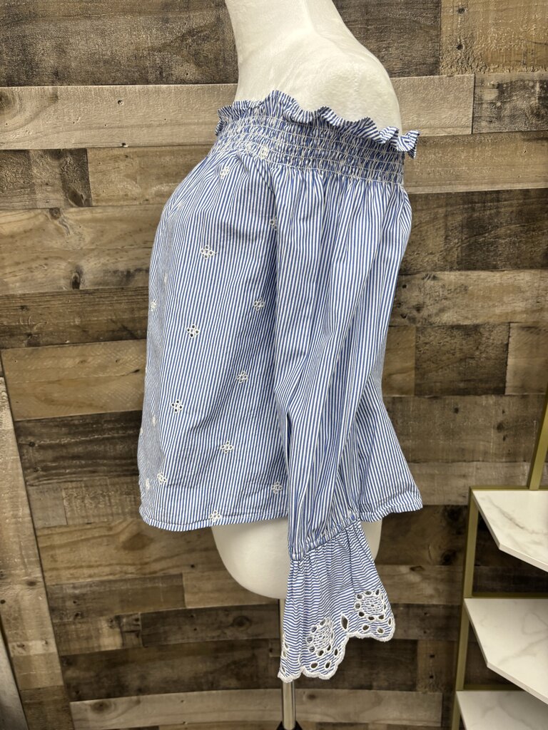 BP Womens Blue White Striped Eyelet Off Shoulder Blouse