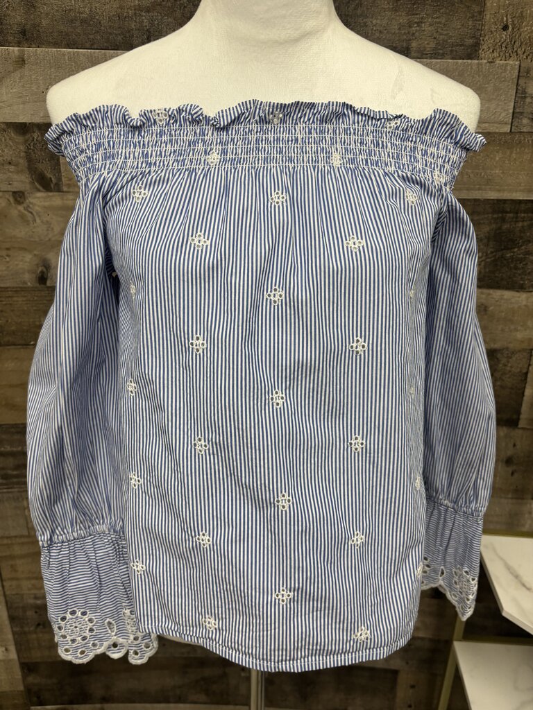 BP Womens Blue White Striped Eyelet Off Shoulder Blouse