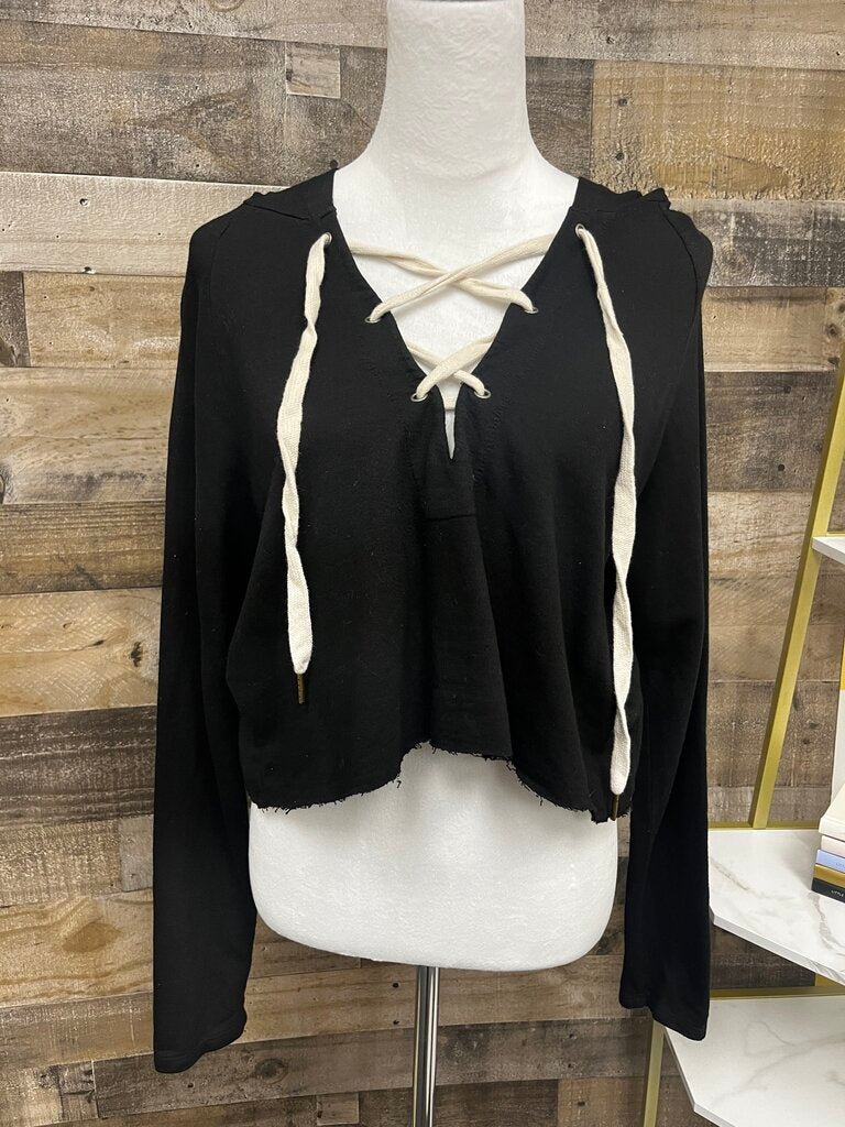 Project Social T Cropped Black Drawstring Neck Hoodie