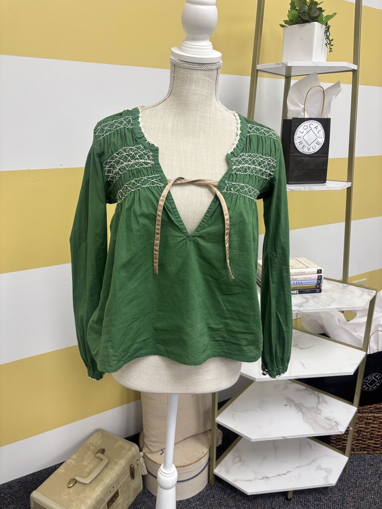 Odd Molly Blouse Green Embroidered Tie Peasant Long Sleeve
