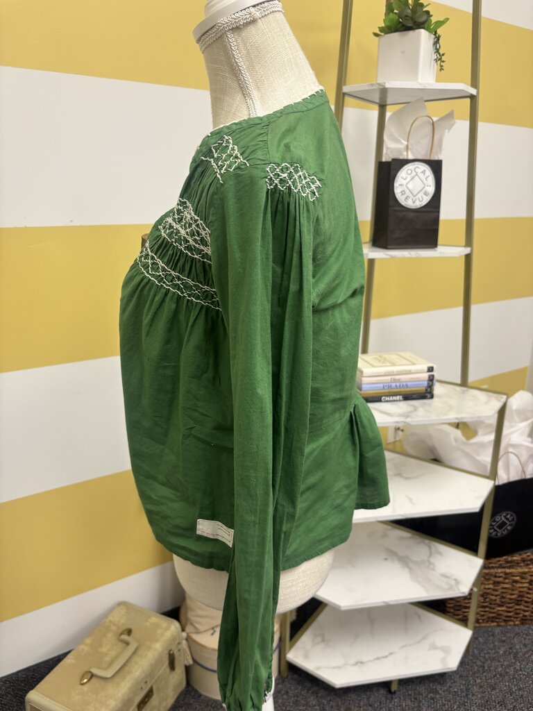 Odd Molly Blouse Green Embroidered Tie Peasant Long Sleeve