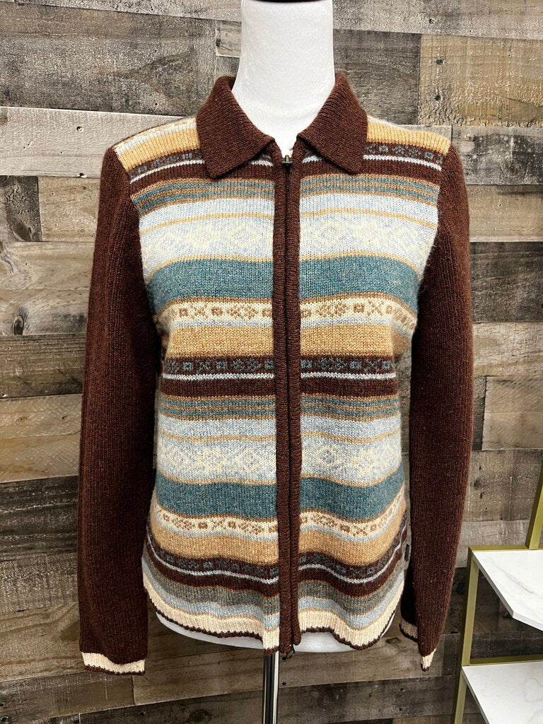 Woolrich Womens Teal and Brown Patterned Full-Zip Sweater