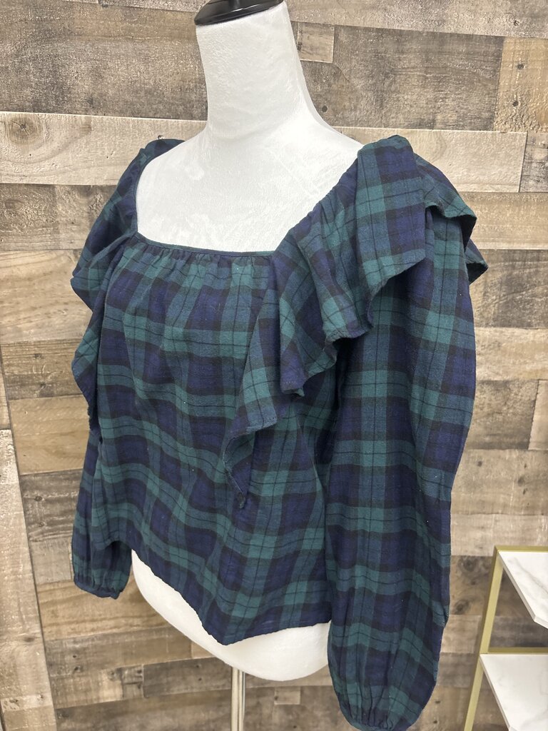 J Crew Navy & Green Plaid Ruffle Flannel Blouse