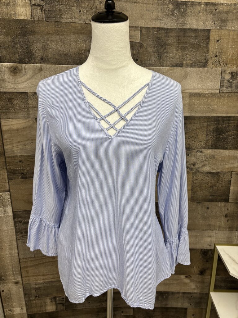 Maurices Blue & White Stripe V-Neck Blouse Bell Sleeves