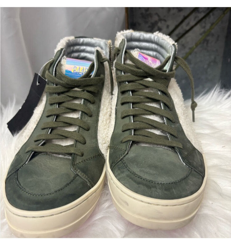 P488 Olive Green Suede & Sherpa High Top Sneakers