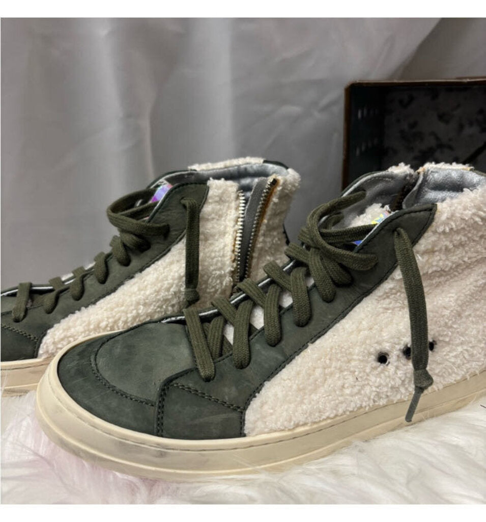 P488 Olive Green Suede & Sherpa High Top Sneakers