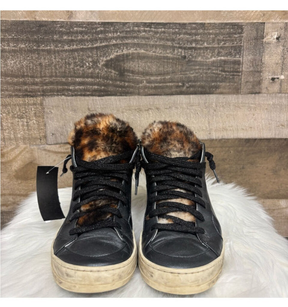 P488 Black Leather & Faux Fur High Top Sneakers